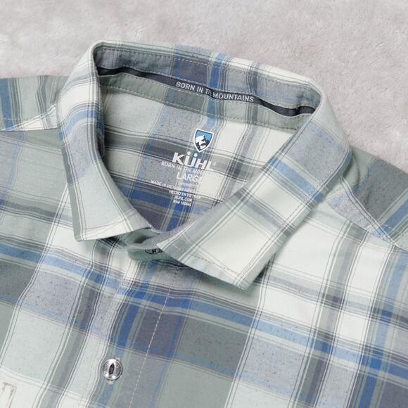 Kuhl Elixir Tapered Fit Short Sleeve Button Up Blue Green Plaid Shirt Mens L - Picture 10 of 16